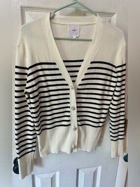 LOLA Women's Cream and Black Striped V-Neck Cardigan, Cotton Blend
